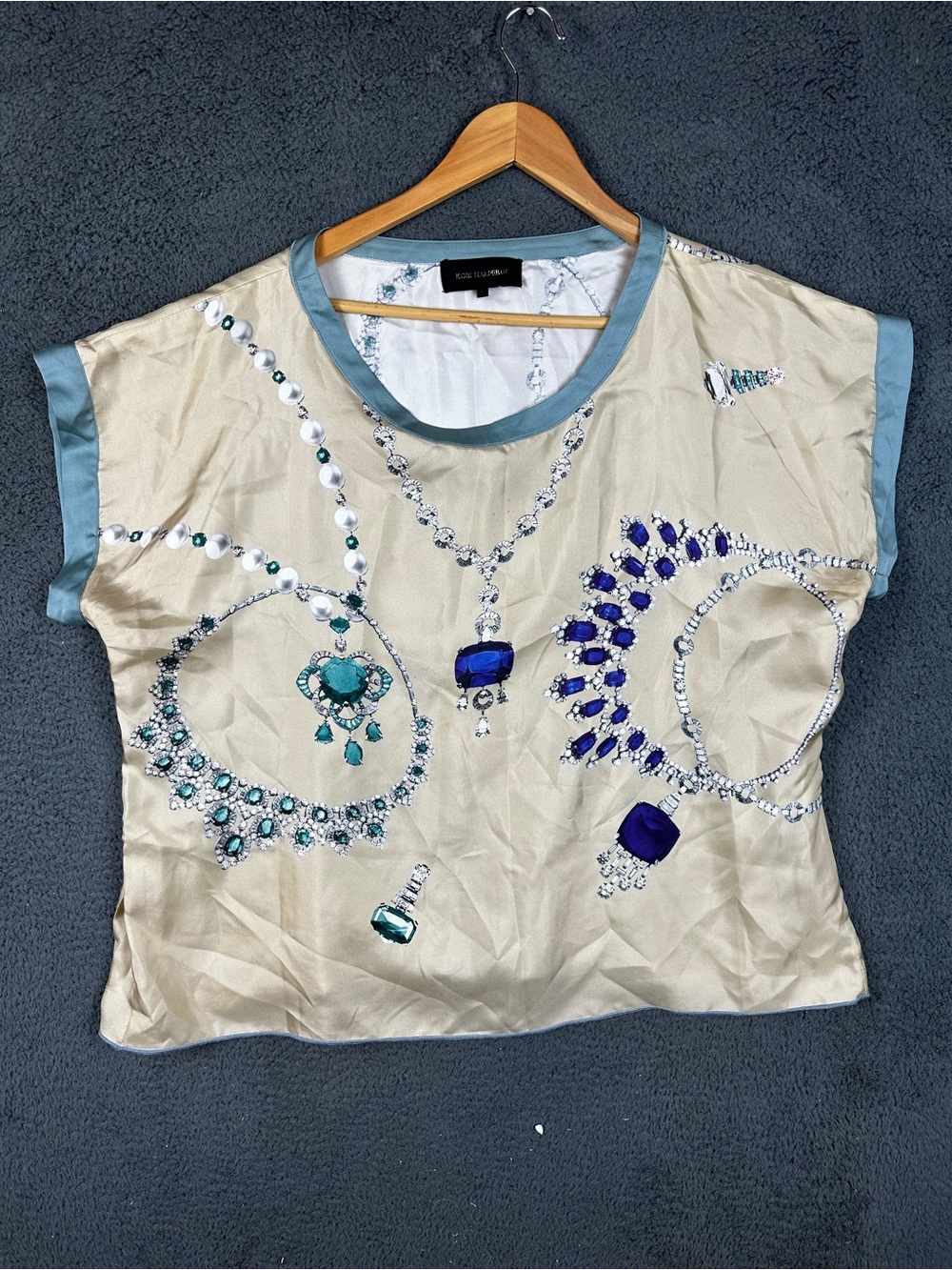 Kobi Halperin Silk Blend Jewelry Print Top Champagne Blue Large Cap Sleeve Boxy